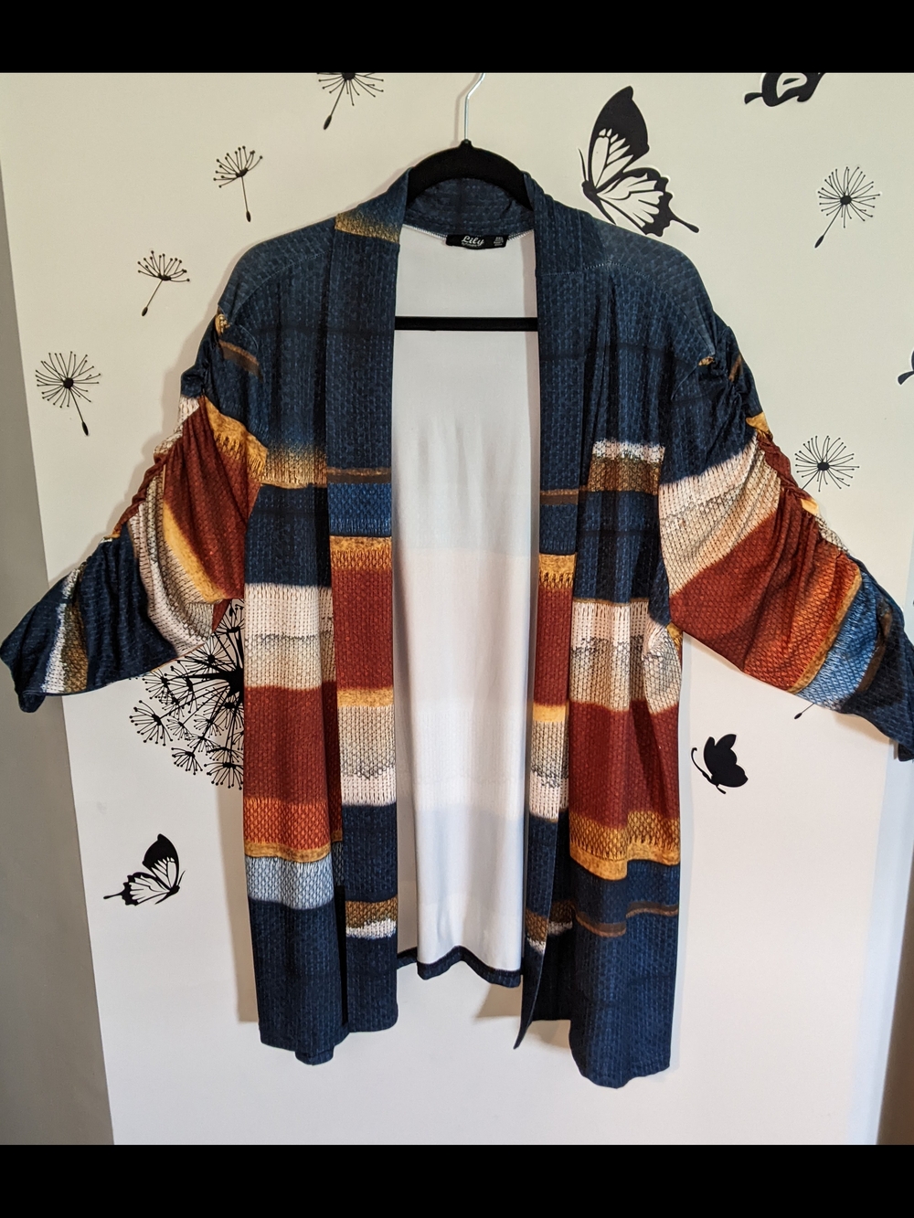 Lily Open Front Striped Cardigan in Navy, Rust, Mustard